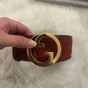 Gucci Rust Suede Belt with Gold Logo Buckle